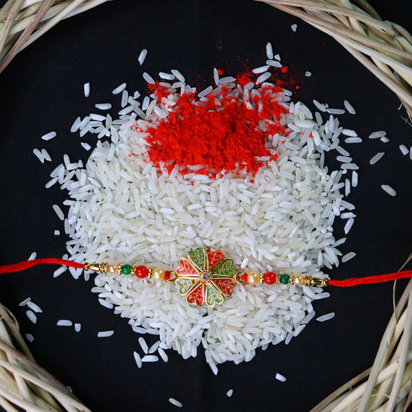 Traditional Rakhi  Bright Floral Centerpiece design and Decorative Thread