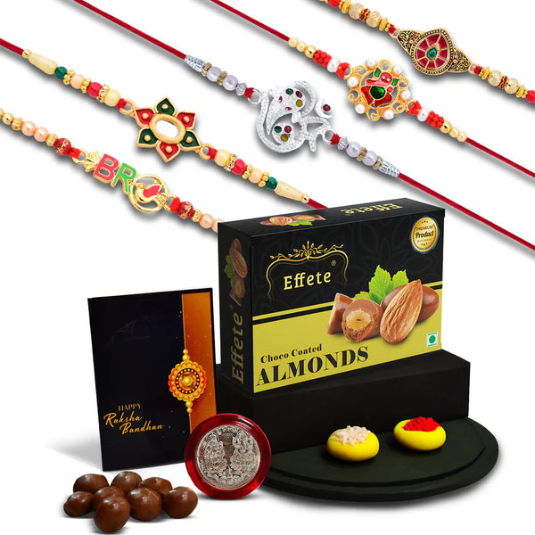 Rakhi Combo Set with Choco Almonds, Rakhis & Card